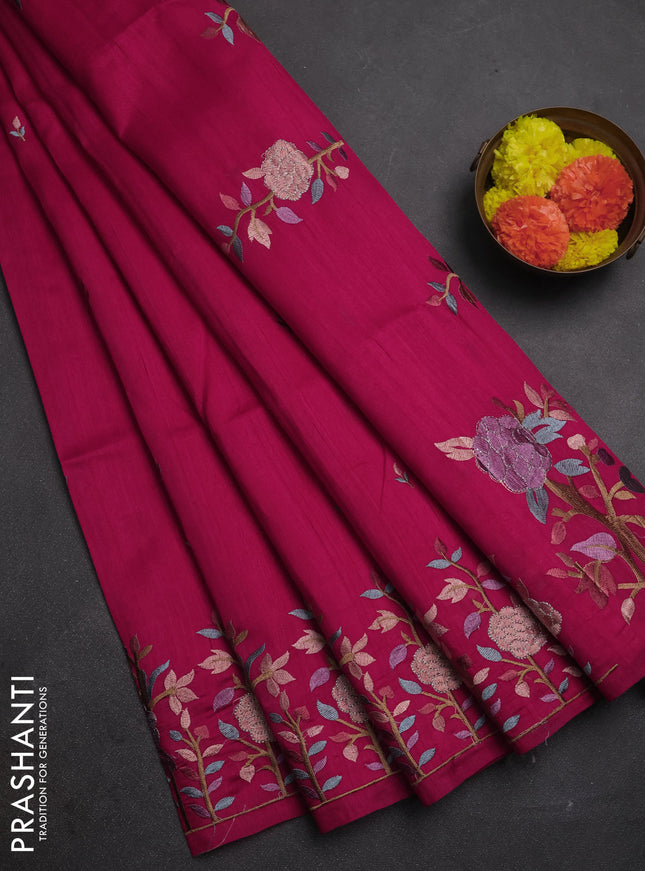 Dark Pink Semi Raw Silk Saree - Embroidery Work