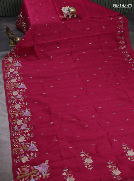 Dark Pink Semi Raw Silk Saree - Embroidery Work