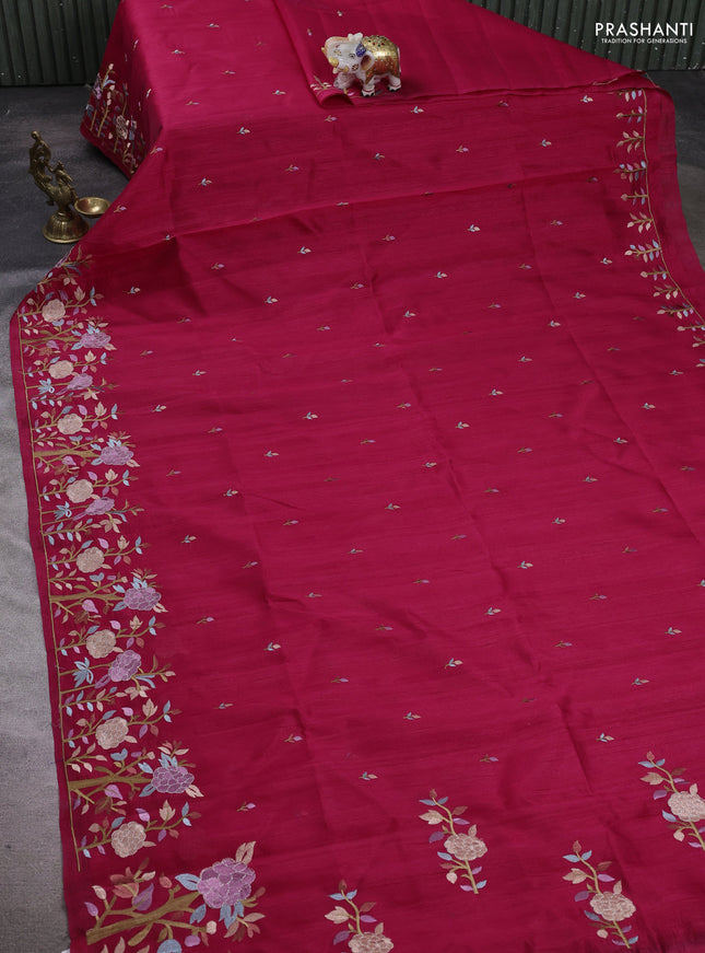 Dark Pink Semi Raw Silk Saree - Embroidery Work