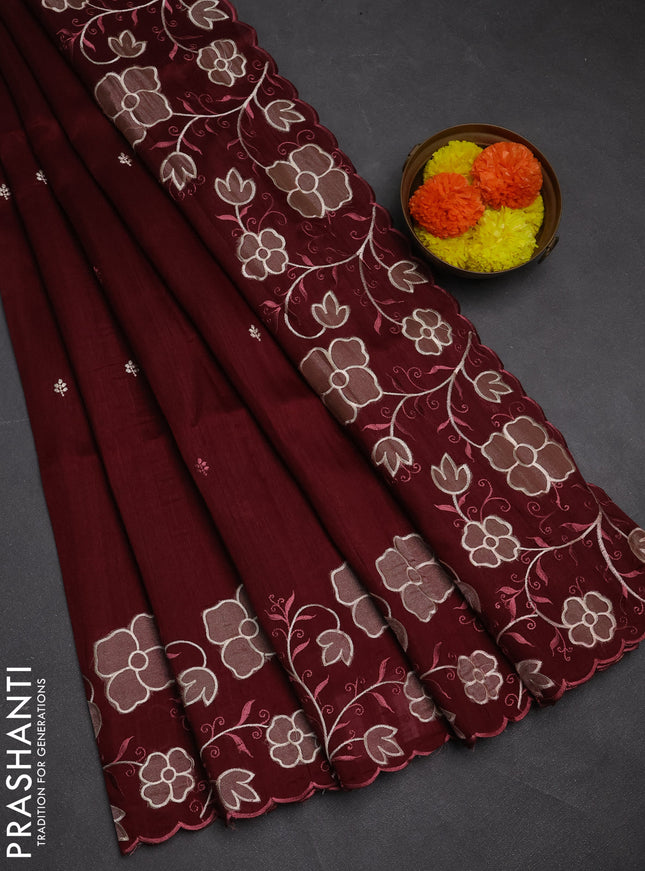 Maroon Semi Raw Silk Saree - Embroidery Work