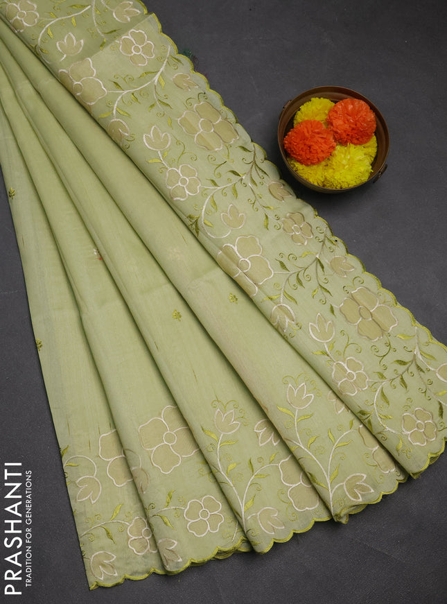 Pista Green Semi Raw Silk Saree - Embroidery Work