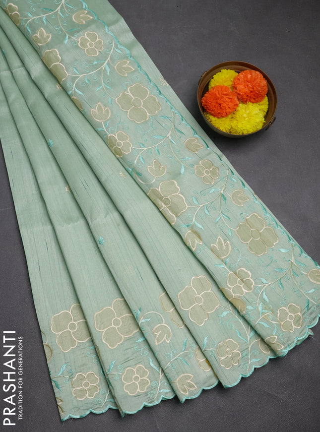 Pastel Green Semi Raw Silk Saree - Embroidery Work