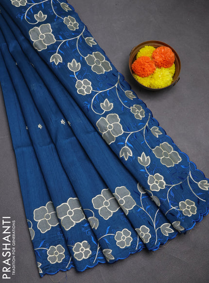 Peacock Blue Semi Raw Silk Saree - Embroidery Work