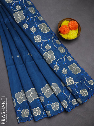 Peacock Blue Semi Raw Silk Saree - Embroidery Work