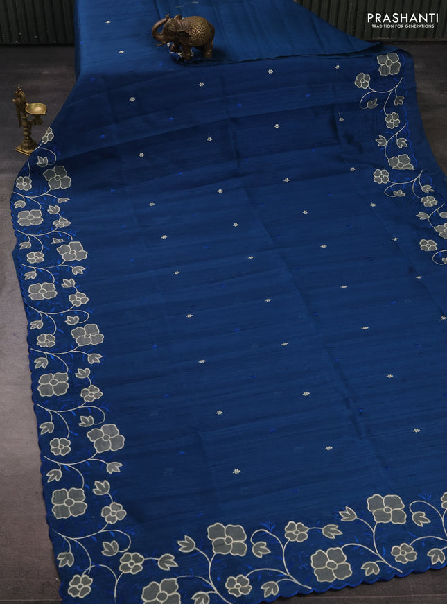 Peacock Blue Semi Raw Silk Saree - Embroidery Work