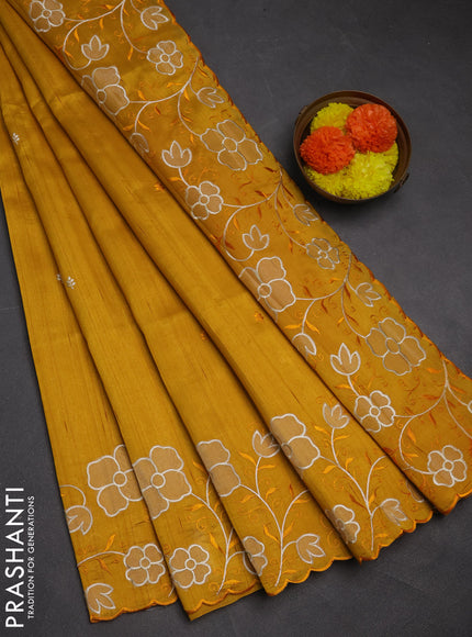 Mustard Yellow Semi Raw Silk Saree - Embroidery Work