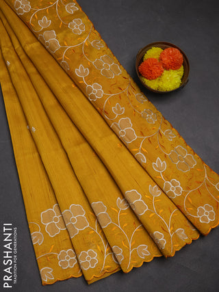 Mustard Yellow Semi Raw Silk Saree - Embroidery Work
