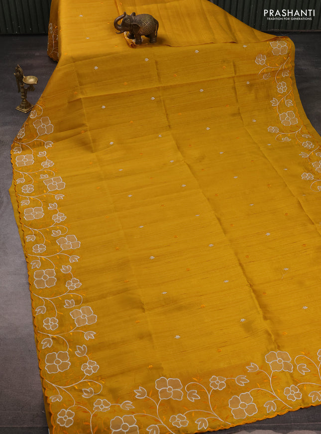 Mustard Yellow Semi Raw Silk Saree - Embroidery Work