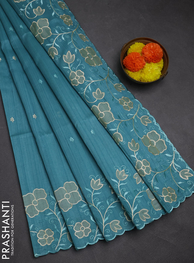 Teal Blue Semi Raw Silk Saree - Embroidery Work