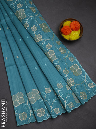 Teal Blue Semi Raw Silk Saree - Embroidery Work