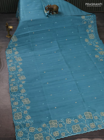 Teal Blue Semi Raw Silk Saree - Embroidery Work