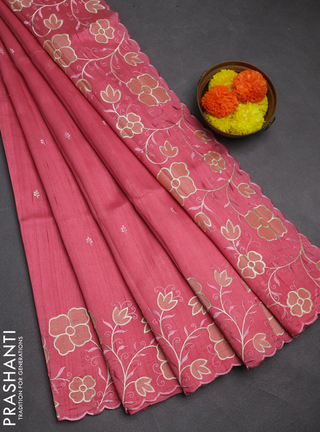 Peach Pink Semi Raw Silk Saree - Embroidery Work