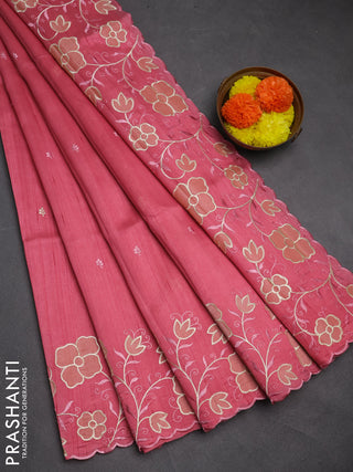 Peach Pink Semi Raw Silk Saree - Embroidery Work