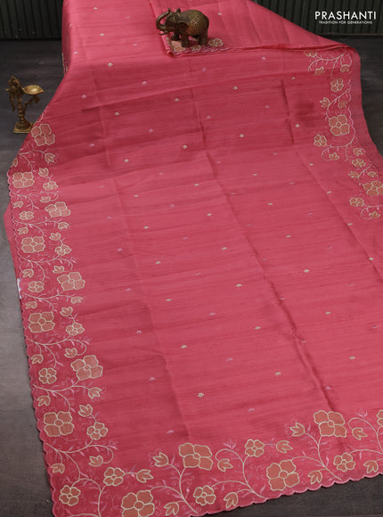 Peach Pink Semi Raw Silk Saree - Embroidery Work