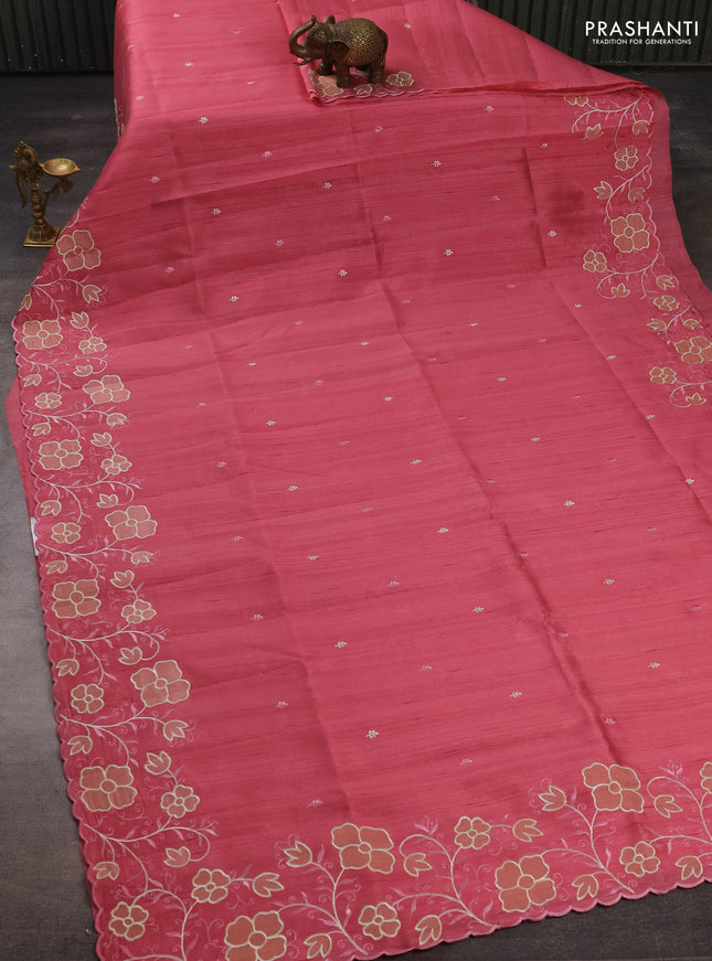 Peach Pink Semi Raw Silk Saree - Embroidery Work