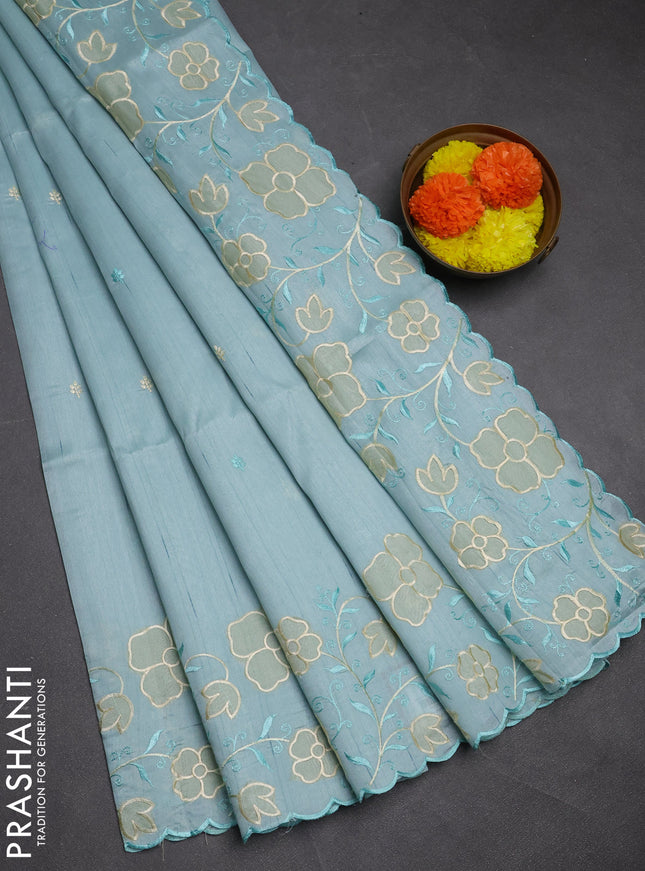 Pastel Blue Semi Raw Silk Saree - Embroidery Work