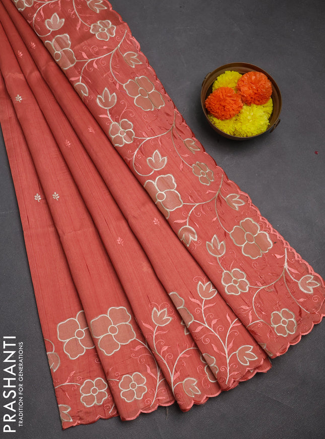 Peach Semi Raw Silk Saree - Embroidery Work