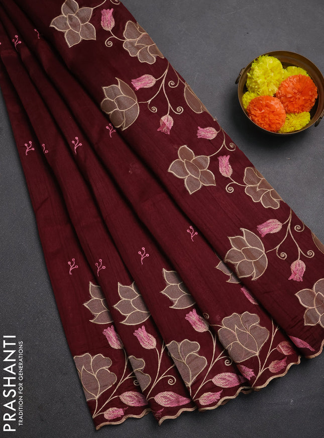 Deep Maroon Semi Raw Silk Saree - Embroidery Work
