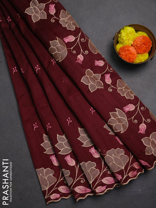 Deep Maroon Semi Raw Silk Saree - Embroidery Work