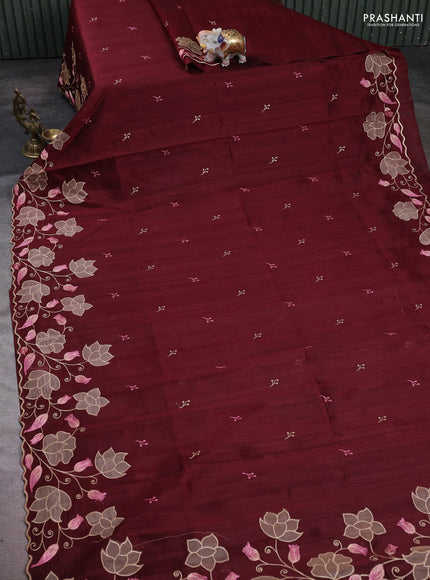 Deep Maroon Semi Raw Silk Saree - Embroidery Work