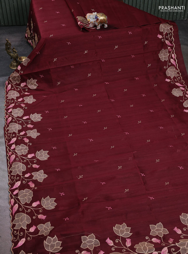 Deep Maroon Semi Raw Silk Saree - Embroidery Work