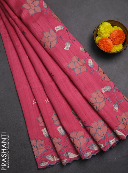 Peach Pink Semi Raw Silk Saree - Embroidery Work