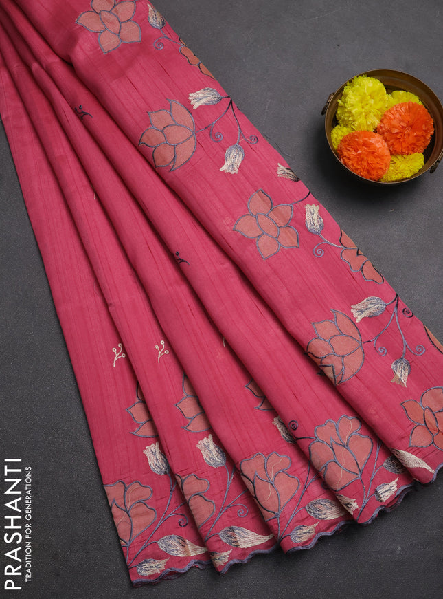 Peach Pink Semi Raw Silk Saree - Embroidery Work