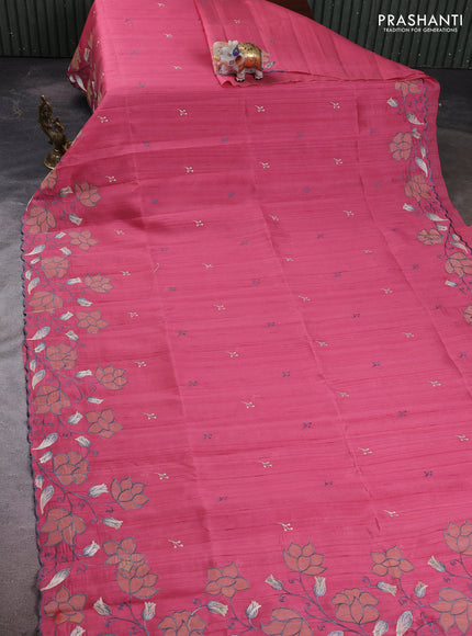 Peach Pink Semi Raw Silk Saree - Embroidery Work