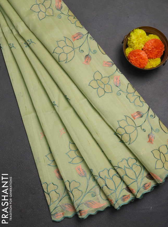Pista Green Semi Raw Silk Saree - Embroidery Work