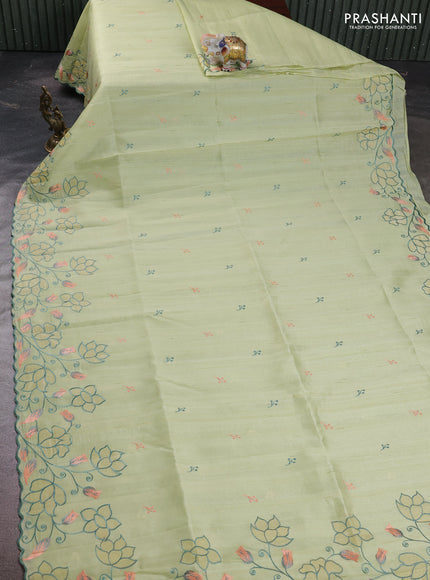 Pista Green Semi Raw Silk Saree - Embroidery Work