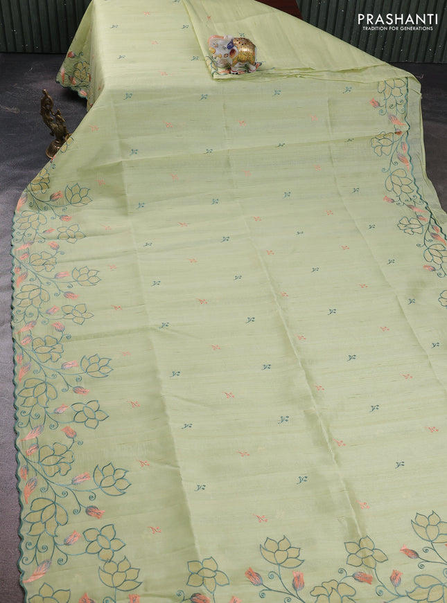 Pista Green Semi Raw Silk Saree - Embroidery Work