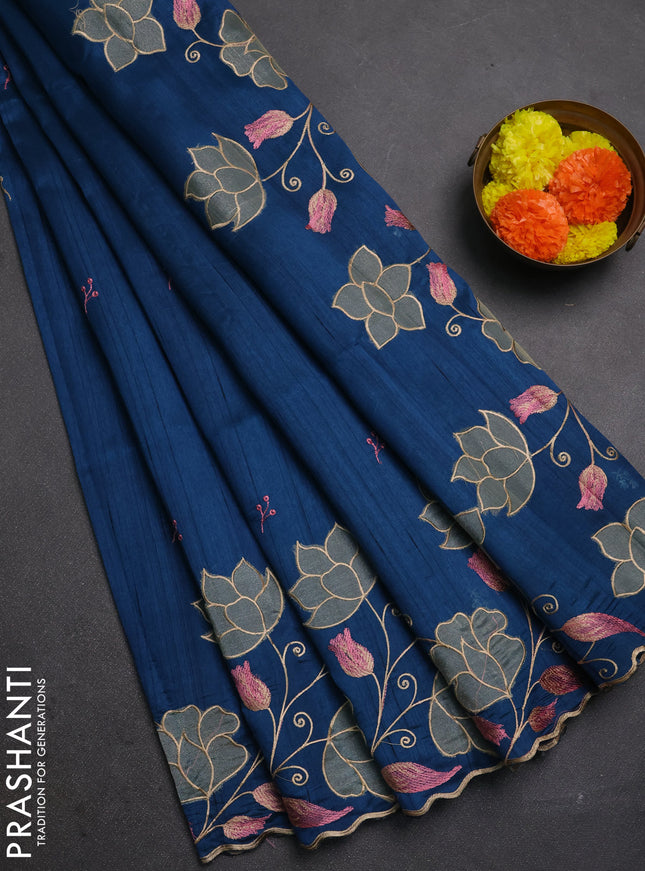 Peacock Blue Semi Raw Silk Saree - Embroidery Work