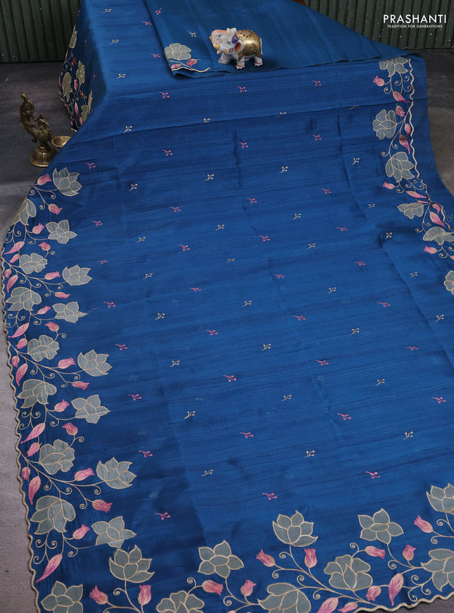 Peacock Blue Semi Raw Silk Saree - Embroidery Work