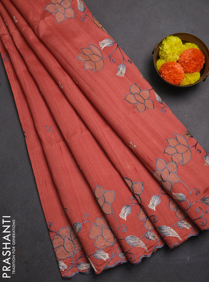 Dark Peach Shade Semi Raw Silk Saree - Embroidery Work