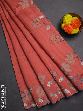 Dark Peach Shade Semi Raw Silk Saree - Embroidery Work