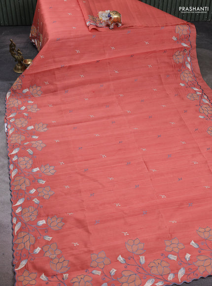 Dark Peach Shade Semi Raw Silk Saree - Embroidery Work