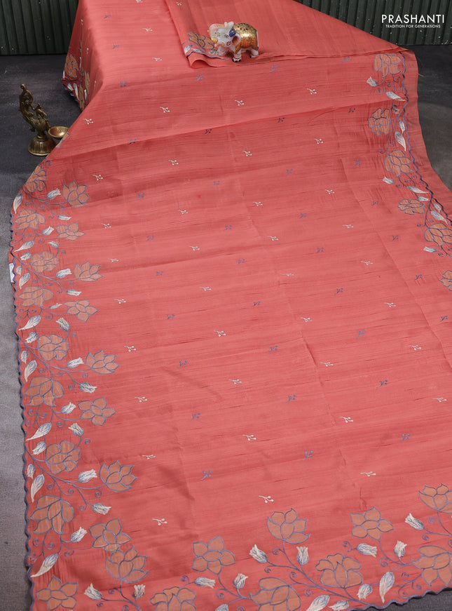 Dark Peach Shade Semi Raw Silk Saree - Embroidery Work
