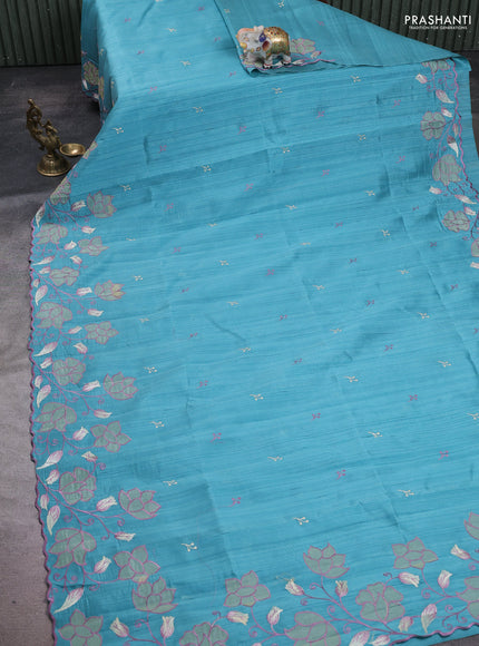 Teal Blue Shade Semi Raw Silk Saree - Embroidery Work