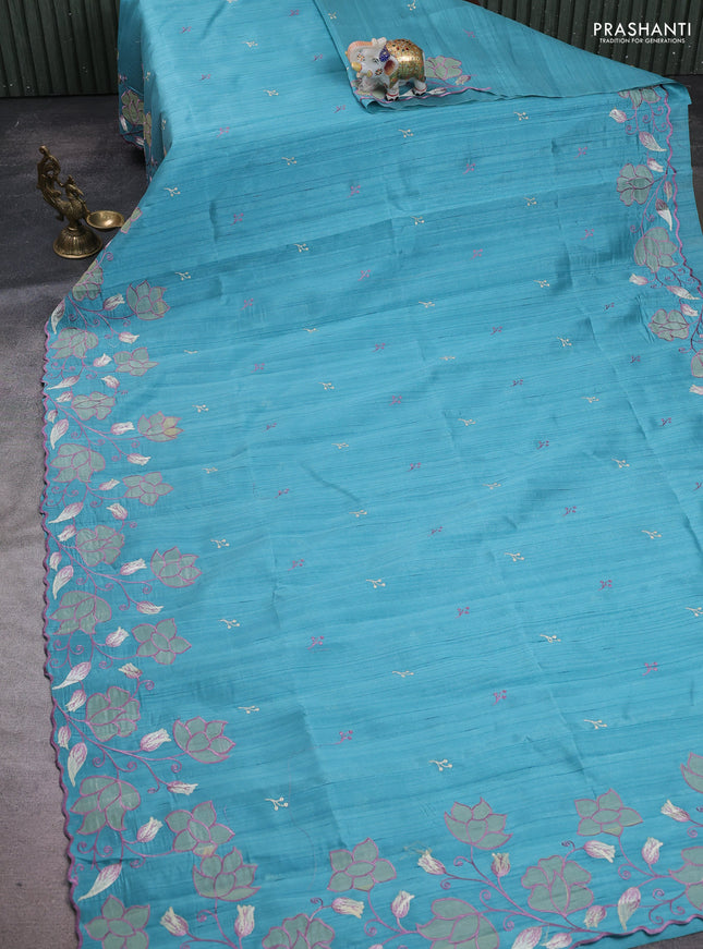 Teal Blue Shade Semi Raw Silk Saree - Embroidery Work