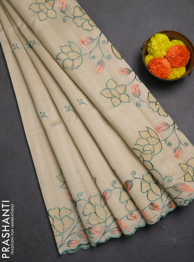 Beige Semi Raw Silk Saree - Embroidery Work