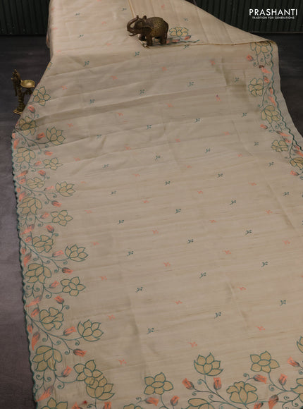 Beige Semi Raw Silk Saree - Embroidery Work