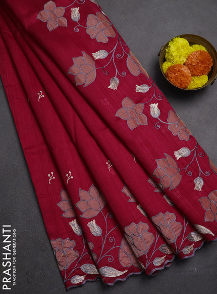 Dark Pink Semi Raw Silk Saree - Embroidery Work