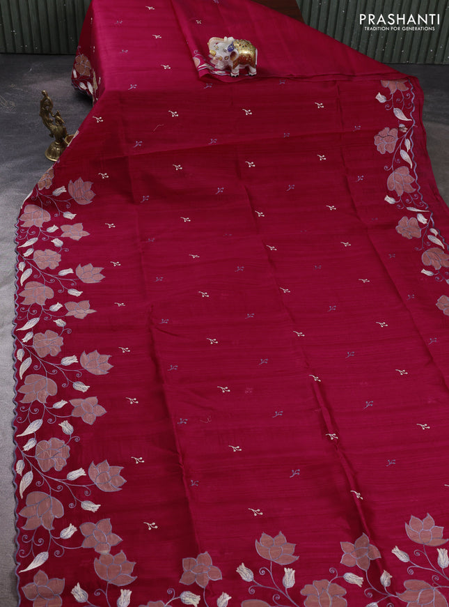 Dark Pink Semi Raw Silk Saree - Embroidery Work