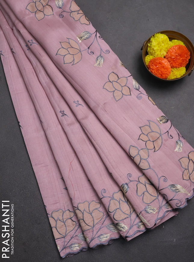 Pastel Pink Semi Raw Silk Saree - Embroidery Work