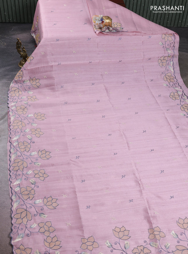 Pastel Pink Semi Raw Silk Saree - Embroidery Work