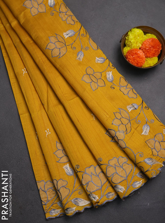Mustard Yellow Semi Raw Silk Saree - Embroidery Work