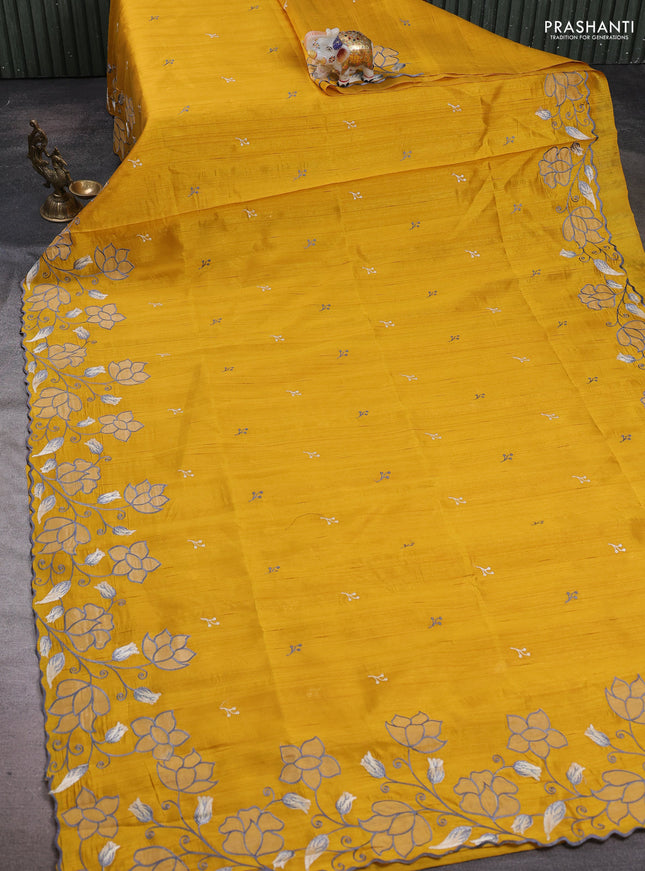 Mustard Yellow Semi Raw Silk Saree - Embroidery Work