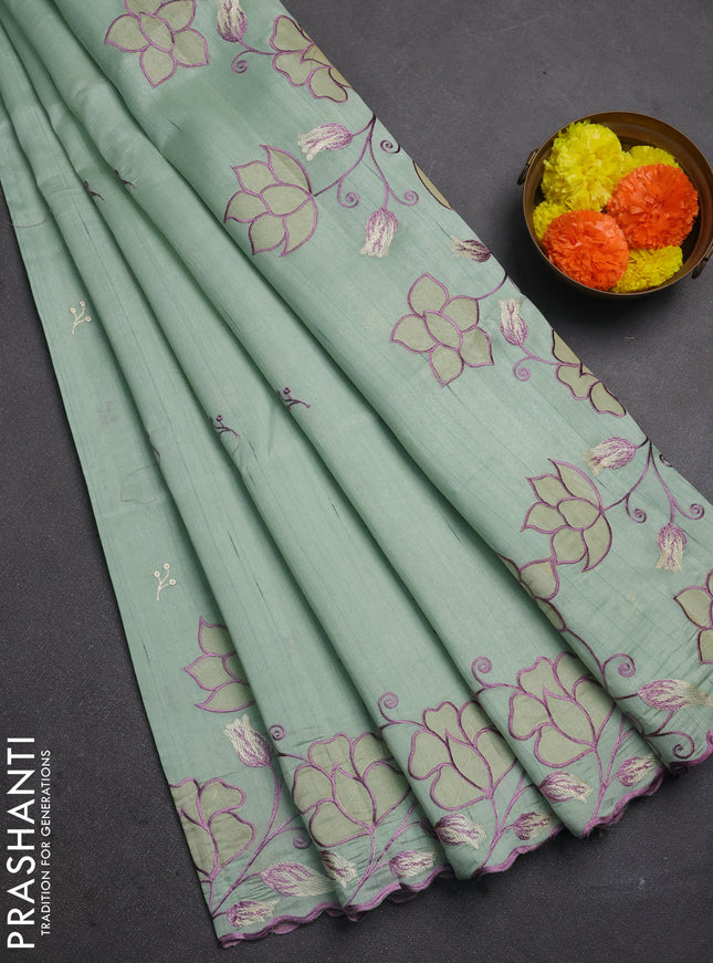 Pastel Green Semi Raw Silk Saree - Embroidery Work