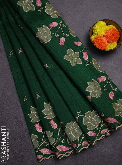 Bottle Green Semi Raw Silk Saree - Embroidery Work