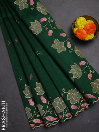 Bottle Green Semi Raw Silk Saree - Embroidery Work